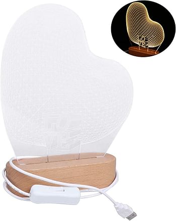 Sulfar 3D Night Light Romantic Heart Shape Illusion Lamp USB Powered Visual Lights Wooden Base Gifts for Her Girlfriends Valentines Day Wedding Anniversary