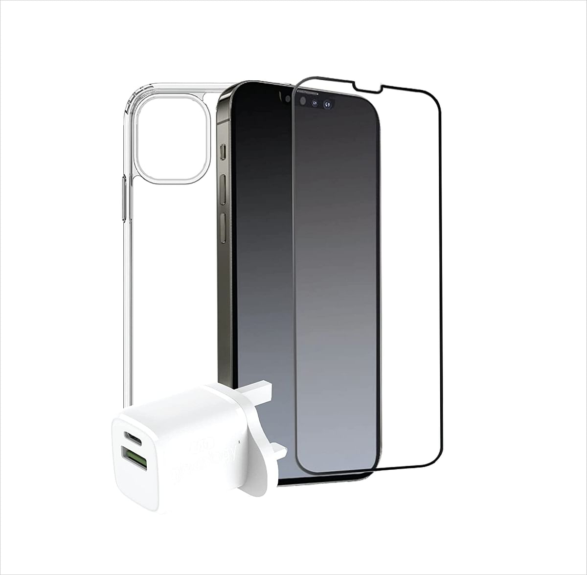 Glassology 4 in 1 iPhone 14 Pro Max Clear Screen Protector Case Lens Guard & Wall Adapter White