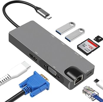 Glassology 8 IN 1 USB C Hub 2 USB 3.0 SD & TF PD 1000Mbps cable VGA & HDMI - Grey