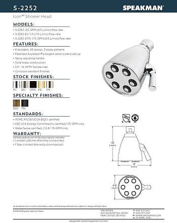 رأس دش سبيكمان S-2252 المميز Anystream قابل للتعديل ارتفاع الضغط - 1.75 GPM استبدال النحاس الصلب دش الحمام، كروم مصقول، 2.5