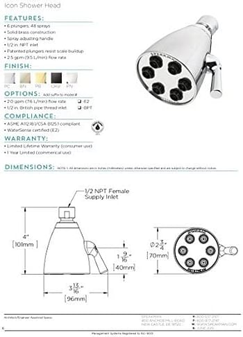 رأس دش سبيكمان S-2252 المميز Anystream قابل للتعديل ارتفاع الضغط - 1.75 GPM استبدال النحاس الصلب دش الحمام، كروم مصقول، 2.5