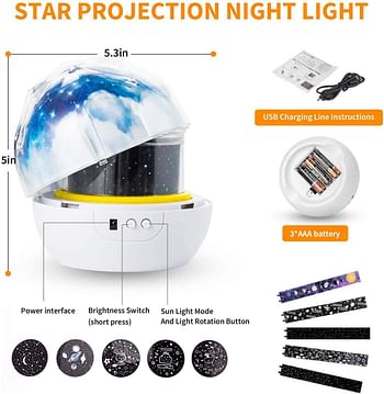CharmCollection Star Projector Night Light for Kids,Starry Lamp 360°Rotating Projector Romantic Planet Sky Projection Universe Projector Lamp for Kids with 5 Sets of Projector Film