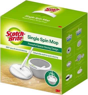 Scotch-Brite 2-in-1 Bucket Spin Mop set (includes: 1 mop handle, 1 bucket, 1 microfiber mop refill), 360 easy all-around cleaning, splash-free design, rinsing and drying in a single bucket, 1 set/pack