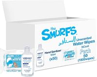 Smurfs Water Wipes 36 Pack Of 50 (1800Wipes) + Vibrant Sanitizers 100 ml X50