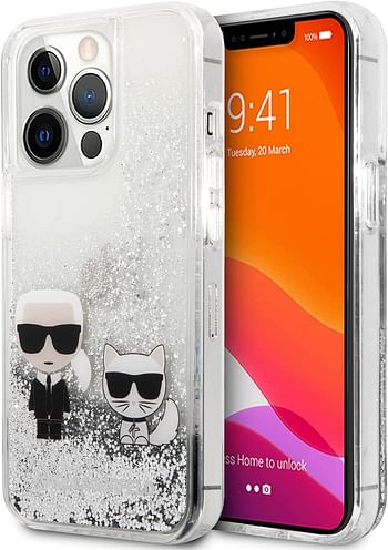 CG MOBILE Karl Lagerfeld Liquid Glitter Case Karl And Choupette Compatible with iPhone 13 Pro Durable, Shockproof, Bumper Protection, Anti-Scratch - Silver