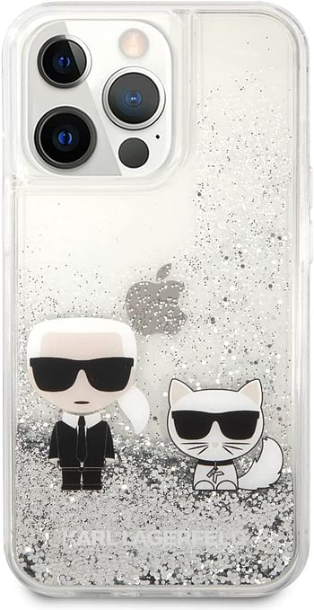 CG MOBILE Karl Lagerfeld Liquid Glitter Case Karl And Choupette Compatible with iPhone 13 Pro Durable, Shockproof, Bumper Protection, Anti-Scratch - Silver