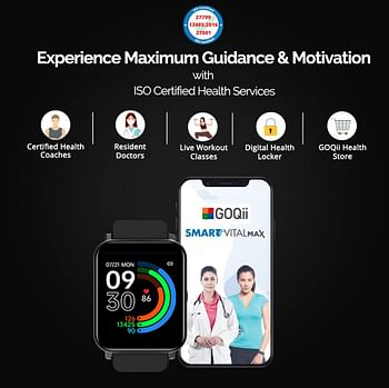 Goqii Smart Vital Max 1.69Inches Hd Full Touch Display With Spo2, 24X7 Heart Rate Black Compatible with ‎IOS and Android