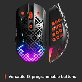 Steelseries Aerox 9 Wireless Gaming MoUSe Ultra Lightweight Mmo/Moba 89G 18 Programmable Buttons Bluetooth/2.4 Ghz Ip54 Water Resistant 180 Hr Battery, Black