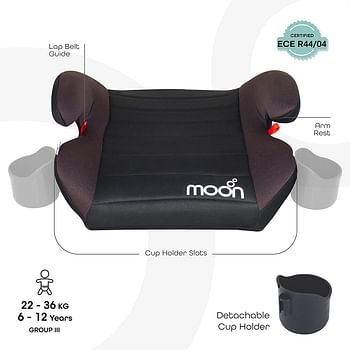 MOON Kido Baby Booster Car Seat with ISOFIX.Cup Holder.Group 3 (15-36 kg).Extra large seat.Soft fabric.Equipped with Armrests,Backless Belt-Positioning Car Booster Seat,Universally Fit-Black