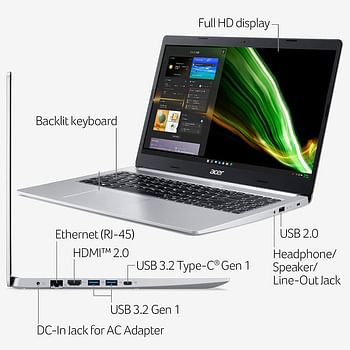 Acer Aspire 5 A515 Notebook with Ryzen 5500U Hexa-Core Upto 4.0GHz - 8GB DDR4 RAM - 256GB SSD Storage - AMD Radeon  Graphics - 15.6 Inch FHD IPS ComfyView Display - Windows 11 - Latest WiFi-6 Pure - English Arabic Keyboard - Silver