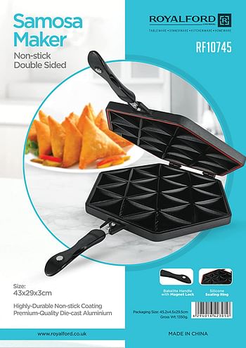 Royalford Samosa Maker RF10745 Double Sided, Non Stick Die Cast Aluminum with Bakelite Handle Highly Durable Silicone Sealing Ring Black Multicolor