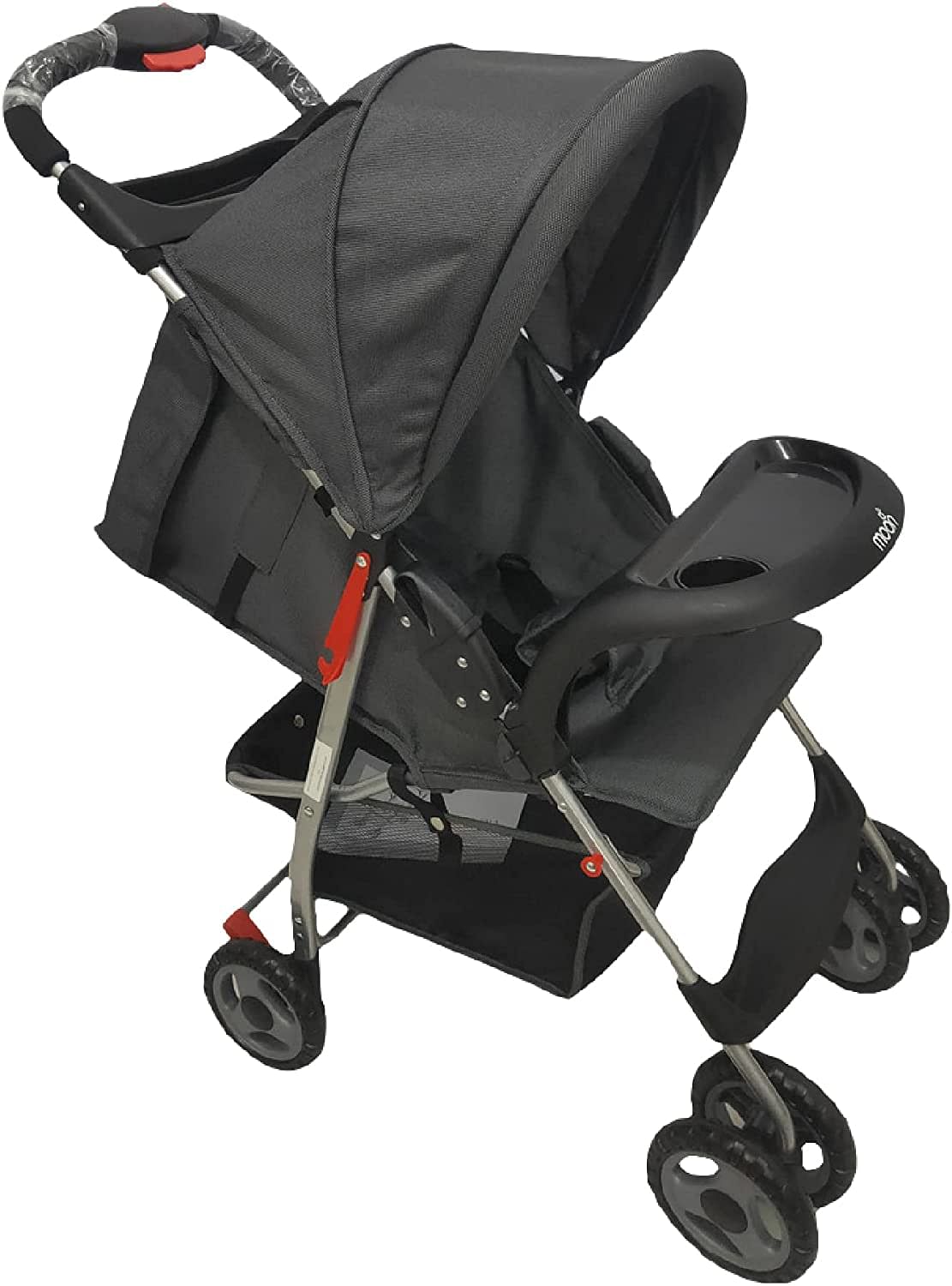 MOON Bezik One Hand Fold Travel Stroller/Pram Suitable for Newborn/Infant/Baby/Kids with Dual Tray| Leg Rest | Multi-Postion Reclining Seat Suitable For 0 Months+ (Upto 24 Kg) -Black + Grey