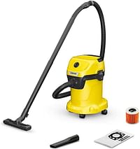 Kärcher Wet & Dry Vacuum Cleaner WD 3, blower function, power: 1000w, plastic container: 17L, suction hose: 2m, incl. cartridge filter, paper floor and crevice nozzle, Yellow