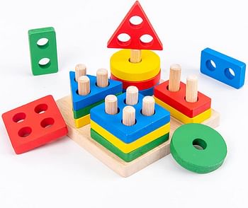 YelaJoy Wooden Stacking Montessori Toys, Toddler Puzzle Colorful Shape Sorter Stacker, Baby Wooden Toys for Early Development & Fine Motor Skills, Toddler Puzzles (Standard Geometric Shapes)