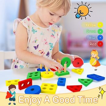 YelaJoy Wooden Stacking Montessori Toys, Toddler Puzzle Colorful Shape Sorter Stacker, Baby Wooden Toys for Early Development & Fine Motor Skills, Toddler Puzzles (Standard Geometric Shapes)