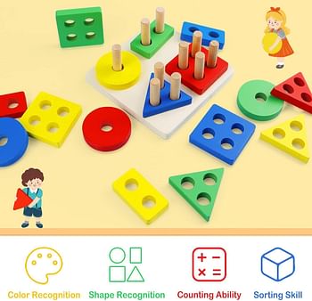 YelaJoy Wooden Stacking Montessori Toys, Toddler Puzzle Colorful Shape Sorter Stacker, Baby Wooden Toys for Early Development & Fine Motor Skills, Toddler Puzzles (Standard Geometric Shapes)