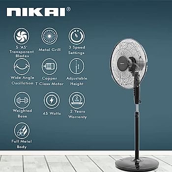 Nikai 16-Inch Stand Fan For Home Cooling, 45W, 5 Blades Pedestal Fan , Npf1631T – Black"