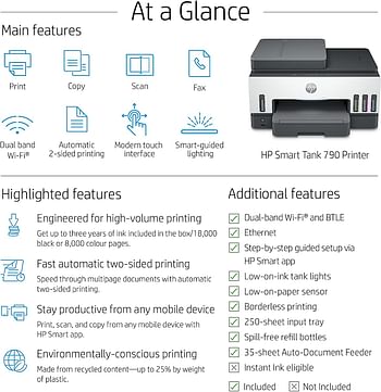 HP Smart Tank 790 All-in-One Printer wireless Print Scan Copy Fax Auto Duplex Printing Auto Document Feeder Print up to 18000 black or 8000 color pages [4WF66A] - White/Grey