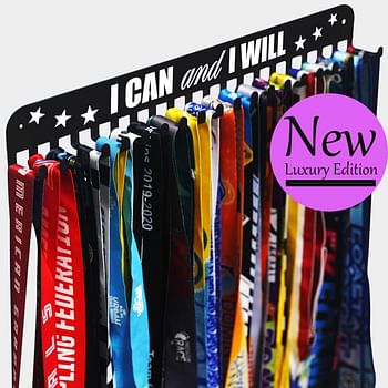 Premium Medal Display Hanger Never Give Up with 20 Hooks,Medal Hanger Display For Wall with 16inchL,race medal display Upgraded Medal Holder display with Simple Design For gymanstics,race,soccer,swim