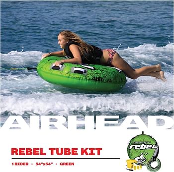 (Green/Black/White) - Airhead Rebel 140Cm 1 Person Durable Red Towable Tube Kit W/Rope And 12V Pump