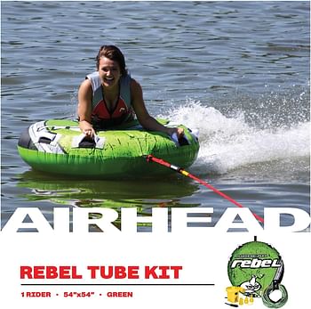 (Green/Black/White) - Airhead Rebel 140Cm 1 Person Durable Red Towable Tube Kit W/Rope And 12V Pump