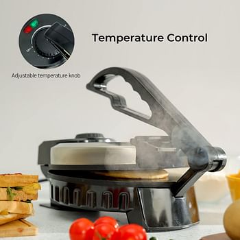 Geepas Chapathi Maker - Non-stick Coating with Thermostat Control | Cool Touch Handle Indicator Lights Ideal for Making Breads, Chapathi,Roti,1000 W, Black/Silver,