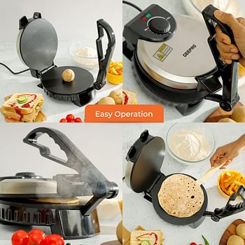 Geepas Chapathi Maker - Non-stick Coating with Thermostat Control | Cool Touch Handle Indicator Lights Ideal for Making Breads, Chapathi,Roti,1000 W, Black/Silver,