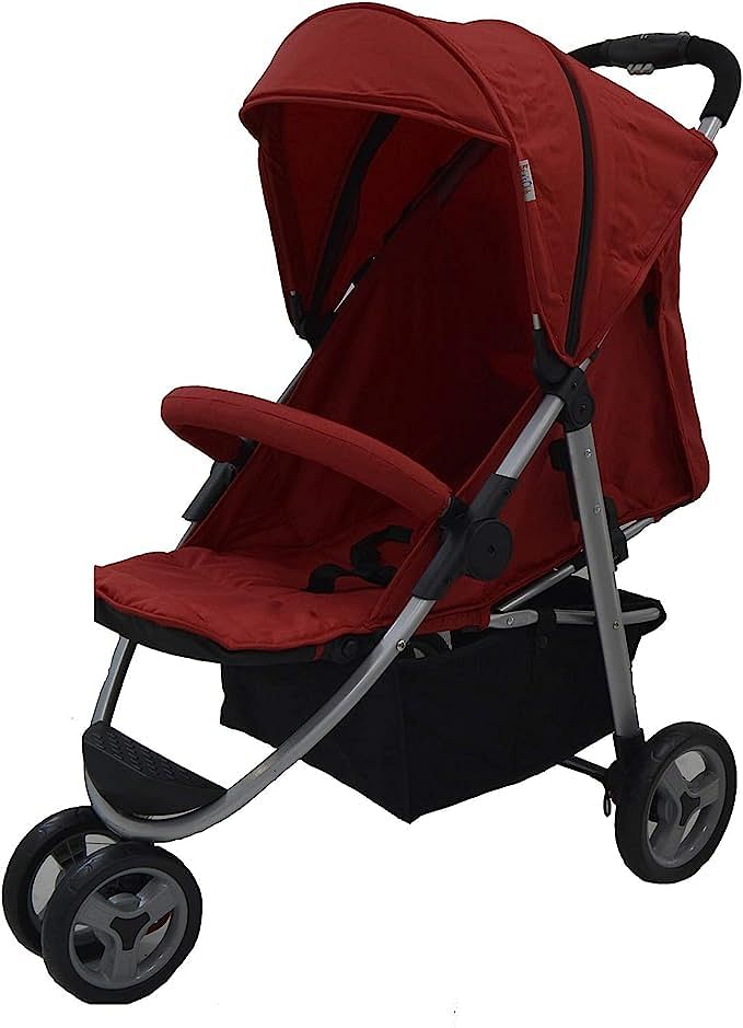 Baby'S Club Comfort 3 Wheel Stroller, 4 Step Reclining Backrest Seat Navy Blue 0 Months+, Red