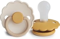 FRIGG Daisy Round Silicone Baby Pacifier for 0-6 Months 2-Pack, Size 1, Chamomile/Honey gold