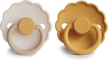 FRIGG Daisy Round Silicone Baby Pacifier for 0-6 Months 2-Pack, Size 1, Chamomile/Honey gold