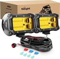 Nilight - ZH304 Led Light Bar 2PCS 5Inch 72W 10800Lumens Yellow Flood Beam Fog Driving Lamps Off-Road Lights with 16AWG Wiring Harness Kit-2 Lead,