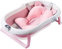 SKY-TOUCH Baby Foldable Bath Tub with Bathmat Cushion & Thermometer, Portable Baby Bathtub with Drain Hole, Shower Basin with Non-Slip Support Leg for 0-6 Years Boy Girl (Pink)