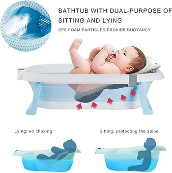 SKY-TOUCH Baby Foldable Bath Tub with Bathmat Cushion & Thermometer, Portable Baby Bathtub with Drain Hole, Shower Basin with Non-Slip Support Leg for 0-6 Years Boy Girl (Pink)