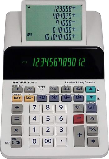 Sharp El-1501 Compact Cordless Paperless Large 12-Digit Display Desktop Printing Calculator That Utilizes Printing Calculator Logic