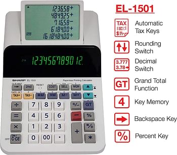 Sharp El-1501 Compact Cordless Paperless Large 12-Digit Display Desktop Printing Calculator That Utilizes Printing Calculator Logic