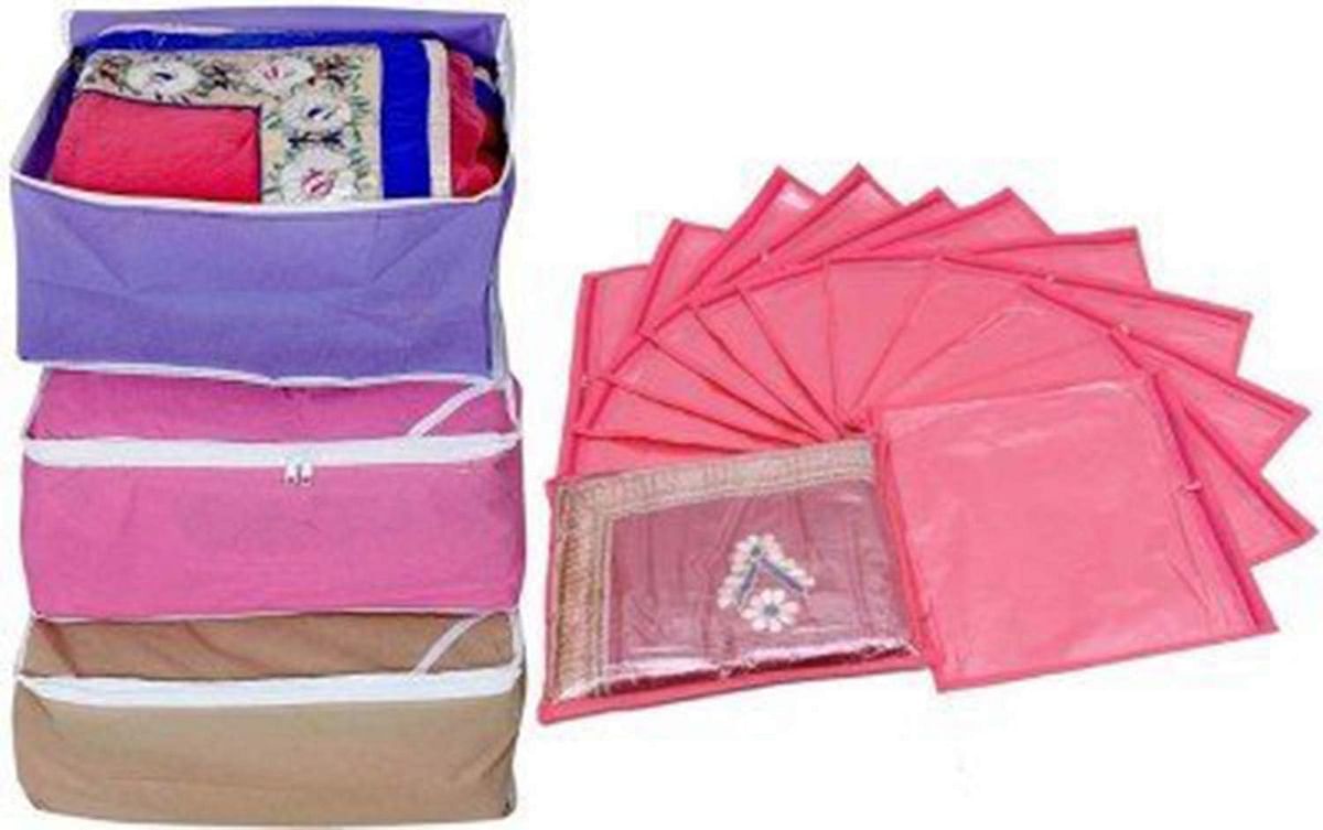Kuber IndUStries Saree Cover Combo 3 Pcs Set And Single Packing 12 Set, Multi, 45X30X23 Cm