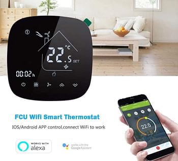 Royal Apex Luxury Design Wifi Programmable Room Smart Thermostat, Energy Saving Fcu Central Air Conditioner Cooling Temperature Touch Controller 95-240Vac With Alexa Echo Google Home Ifttt Support