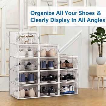 6 Pack Shoe Storage Boxes, Clear Plastic Stackable Shoe Organizer Bins, Drawer Type Front Opening Shoe Holder Containers