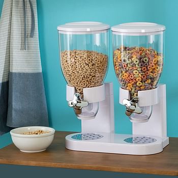 Double Cereal Dispenser Food Storage Container for Kitchen | Airtight & Wall-Mounted Dry Food & Grain Storage Containers Dispenser | BPA Free Plastic Food Container | White