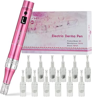 TBPHP M1 Electric Derma Beauty Pen Professional at-Home Kit with 12Pcs Replacement Cartridges - trusty Skin Care Tool Kit (Pink)