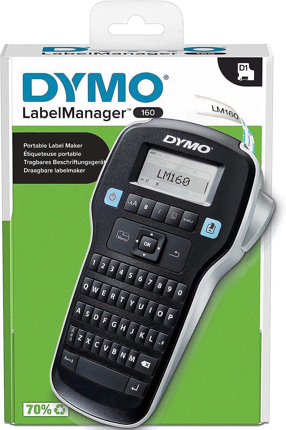 Dymo LabelManager 160 Label Maker | Handheld Label Printer with QWERTY Keyboard | Includes Black & White D1 Label Tape (12mm) | for Home & Office