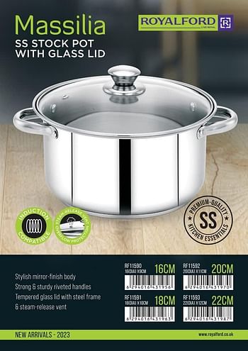 Royalford 20cm Massilia Stainless Steel Stockpot with Glass Lid- RF11592 Perfect for Simmering, Boiling, Steaming, Etc. Induction Compatible, Silver