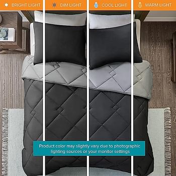 Comfort Spaces Vixie Comforter Set-Modern Geometric Quaterfoil Cloud Quilted Design All Season Down Alternative Bedding, Matching Shams, Full/Queen(90"x90"), Microfiler Reversible Black/Grey