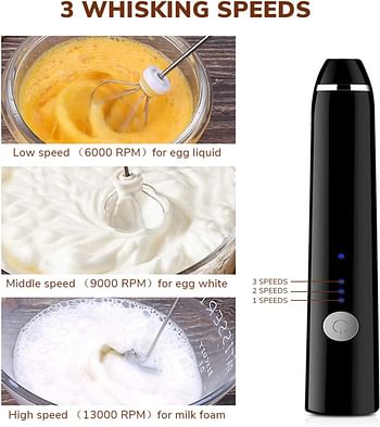 Handheld Milk Frother. 3 In 1; Electric Foam Maker, Egg Beater, Drink Mixer. USB Rechargeable, Mini Blender For Coffee Latte Cappuccino Hot Chocolate, Black