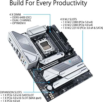 ASUS Prime X670E-PRO WiFi Socket AM5, LGA 1718, Ryzen 7000 ATX Motherboard, PCIe 5.0, DDR5, 4X M.2 Slots, USB 3.2 Gen 2x2 Type-C, USB4 Support, WiFi 6E, 2.5G - Black