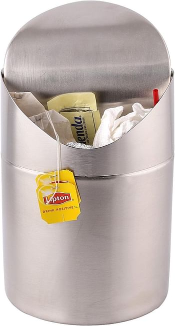 Estilo Mini Countertop Trash Can, Brushed Stainless Steel, Swing Top Lid Bin 1.5 L / 0.40 Gallon, Silver Kitchen Countertop, Bedroom, Home Office, (EST0159)