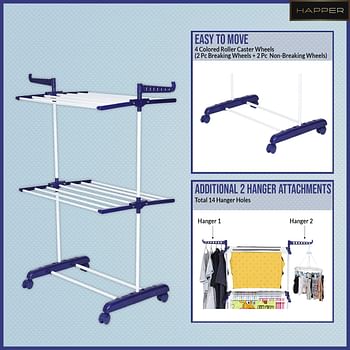 Happer Premium 2 Layer Cloth Drying Stand With Breaking Wheels, Compact Jumbo (Blue)