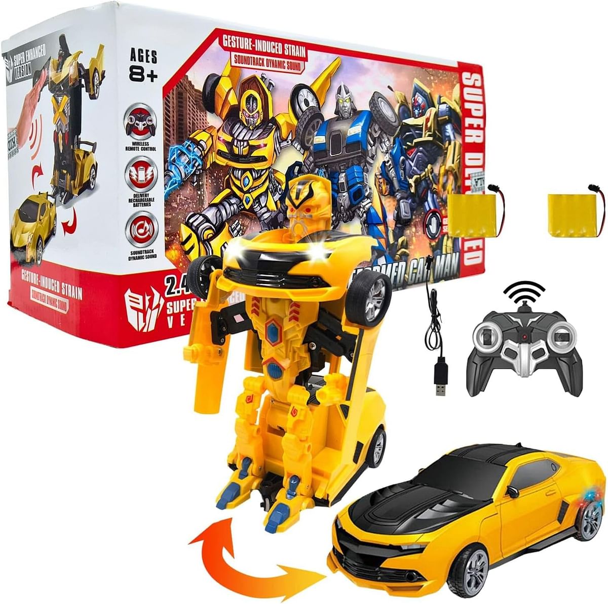 Kidwala RC Car Yellow Transformer Car with 2 Rechargeable Battery Black & Yellow Robot for Boys, Remote Control Car for Kids
