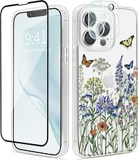 SUMGAR for iPhone 13 Case Flowers & Butterfly Design with Camera and Screen Protector Pretty Floral Clear Cover Shockproof Phone Case Cute Aesthetic Cases for Girls Women, Wireless Charging Available