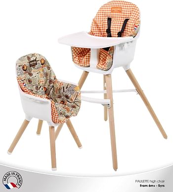 Nania PAULETTE Evolutionary 2in1 High Chair from 6M+|Reversible Cushion|Adjustable Tray Orange Juice